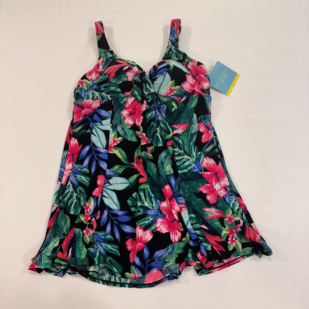 Bal Harbour Tropical Floral Swimdress‎ Women Size 14 Black Pink Tropical
